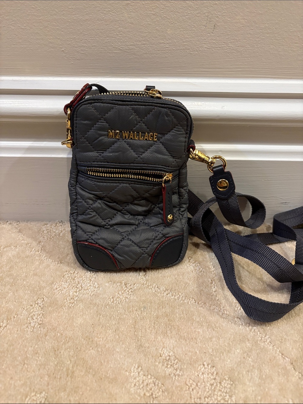 MZ Wallace Quilted Crossbody Phone Bag in Charcoal with Red Trim